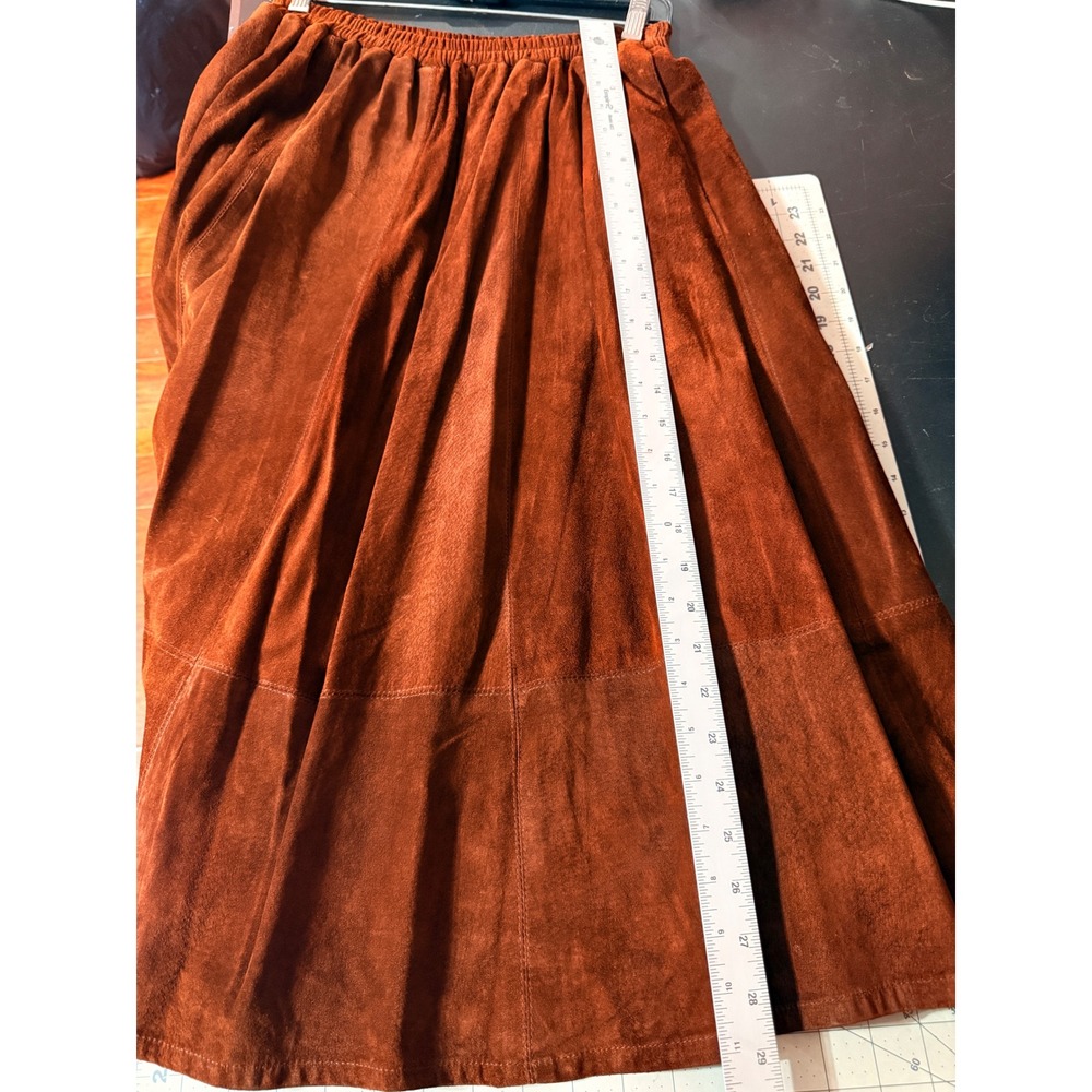 VTG Branded Santa Fe Brown Suede Leather Midi Skirt Elastic Waist Western Large - Picture 7 of 10
